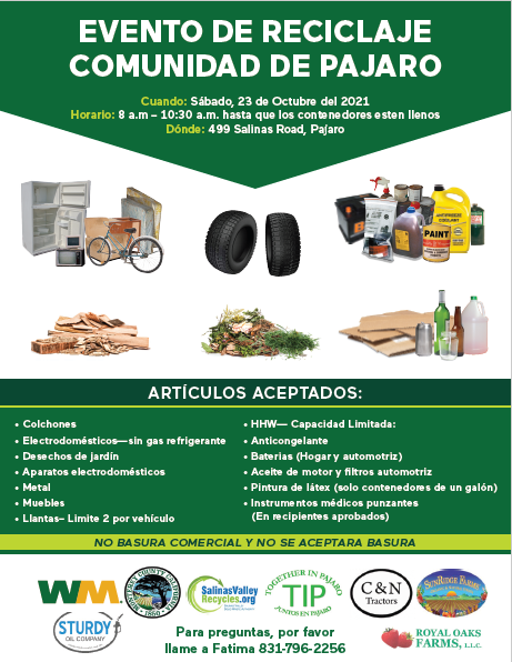 MCHDPIO's tweet photo. Pajaro Community Recycling Event!  Saturday, October 23 - 8 am to 10:30 or until the dumpsters are full at 499 Salinas Road in Pajaro
#Pajaro #Recycling #CleanUpEvent https://t.co/y7N1O4eKNc