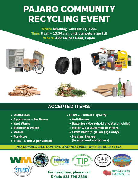 MCHDPIO's tweet photo. Pajaro Community Recycling Event!  Saturday, October 23 - 8 am to 10:30 or until the dumpsters are full at 499 Salinas Road in Pajaro
#Pajaro #Recycling #CleanUpEvent https://t.co/y7N1O4eKNc