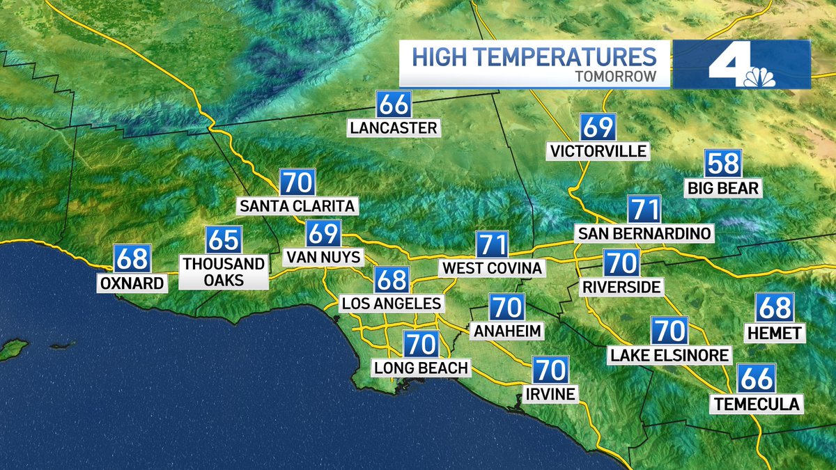 Melissa_Magee's tweet photo. Weekend Weather: Temperatures will remain cooler than average, with daytime highs in the upper 60s, lower 70s. Dry through the weekend, rain on Monday. @NBCLA #CoolWeekend https://t.co/fsFKkI3edU