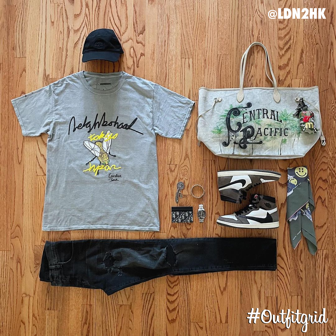 outfitgrid's tweet photo. Today's top #outfitgrid is by @ldn2hk.
▫️ #Neighborhood x #CactusJack #Tee 
▫️ #424 #Cap
▫️ #TravisScott x #Jordan1
▫️ #LukeVicious #Custom #Readymade x #ALoveMovement #Bag 
▫️ #Kapital #Badana
▫️ #ENNoir #Denim 
▫️ #Ambush &amp; #Goros #Jewelry 
▫️ #Dior #Wallet https://t.co/PbHVs73epQ