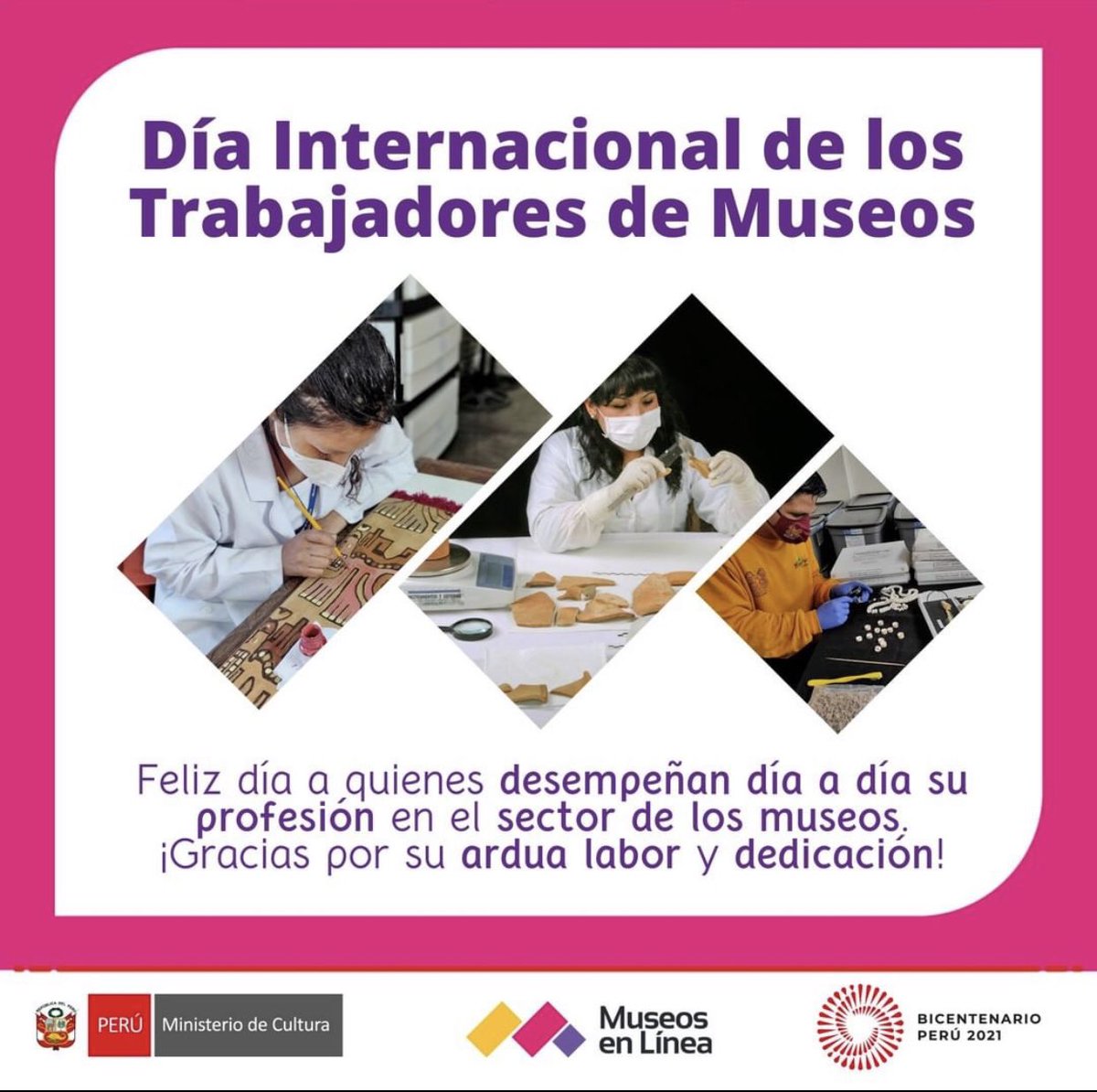 MParacas's tweet photo. “DÍA INTERNACIONAL DE LOS TRABAJADORES DE MUSEOS”

El equipo del Museo De Sitio Julio C. Tello, hace extensivo el saludo especial a todos los trabajadores de Museos.🎉🎉🎉

#MuseosEnLínea
#MuseodeSitioJulioCTello
#MuseosPeruanos https://t.co/lGf8VwviBc