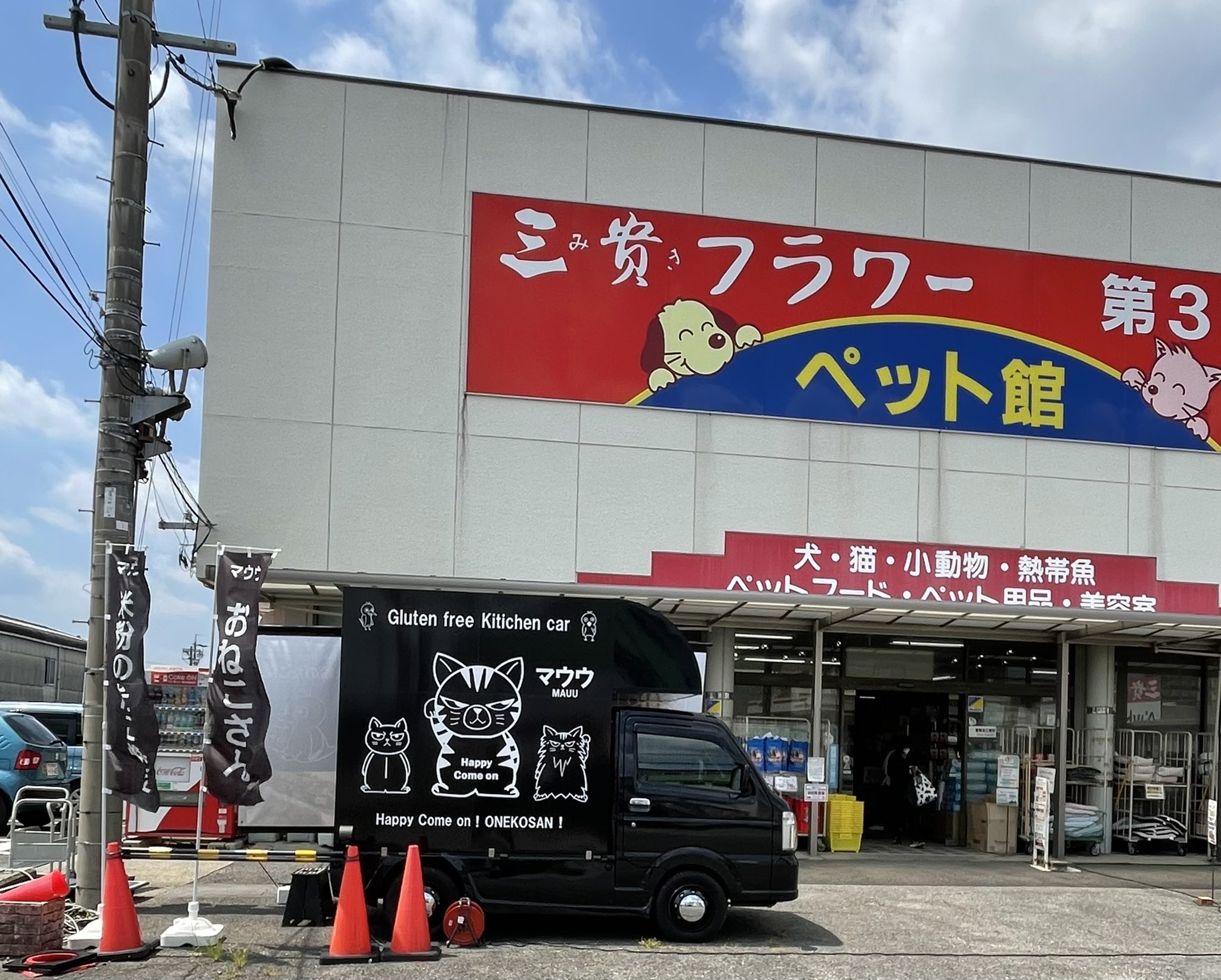 マウウ ただ今 三貴フラワーセンターさん ペット館前にて米粉のたこ焼き おねこさん販売中 三貴さんにて ねこちゃんのケージ500円 メッチャお買い得です 三貴フラワーセンター グルテンフリーキッチンカー 米粉のたこ焼き おねこ