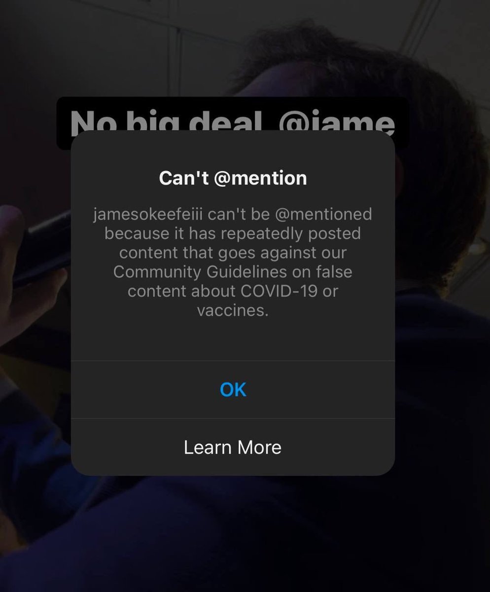 45PN4's tweet image. Instagram has officially blocked users from tagging Project Veritas founder James O’Keefe’s verified official account for exposing the truth about COVID 19. Don't allow Big Tech to censor the truth! It’s now or never,  fight back!
FOLLOW JAMES ON INSTAGRAM:instagram.com/jamesokeefeiii/