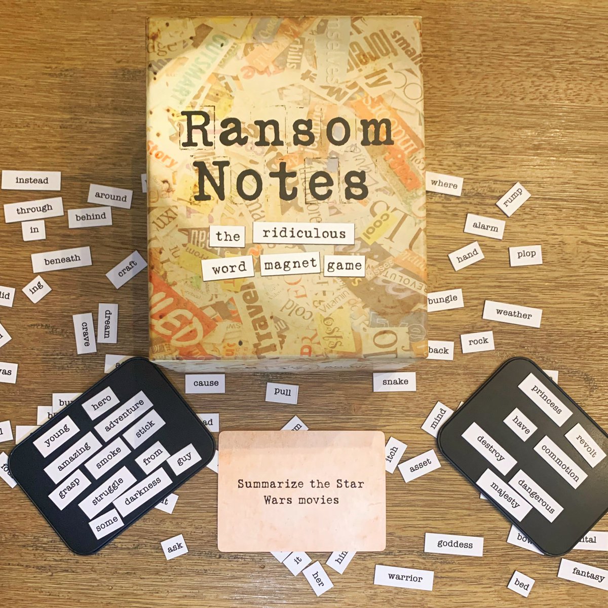 MatAndBoard's tweet photo. Trying out my latest @kickstarter game to arrive: Random Notes. You get a pile of word magnets, a prompt, and 90 secs to craft. Hilariously fun! #RandsomNoteGame #StarWars #boardgames https://t.co/QLNttp7Ikh