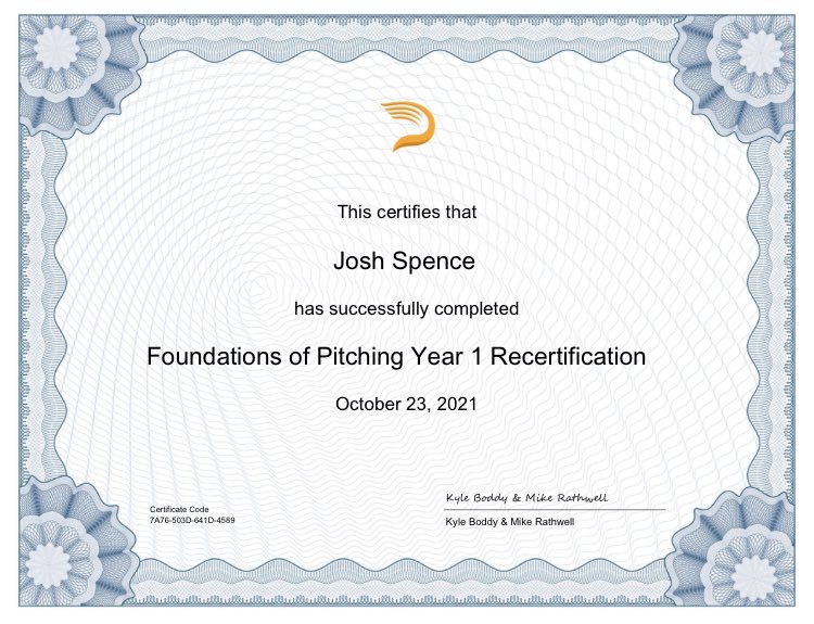 Just completed my recertification of <a href="/DrivelineBB/">Driveline Baseball</a> Foundations of Pitching

DL has been a great tool to help me up-skill as a young coach still learning my craft; from articulating the delivery to programming workloads

Thanks for keeping me sane through the lockdowns here in 🇦🇺