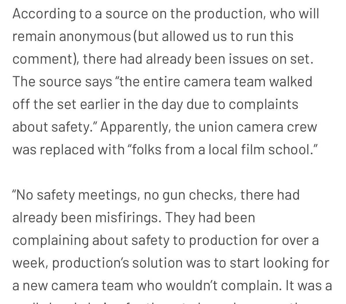 joncassar's tweet photo. There you have it. This is why these accidents happen. Safety protocols being ignored. Gun checks can never be ignored, never. Untrained, inexperienced non union crews being used to save money. https://t.co/Q4yVHUyL6s