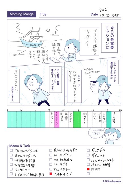 #マンガノート 
マンガで日々のスケジュール?目標管理するメソッドが楽しい。

でも、これを毎日やるのは難しいから土日だけでもやろうかなと思っている。

一日にひとつだけミッションを設定して予祝していく方式よいと思う。 