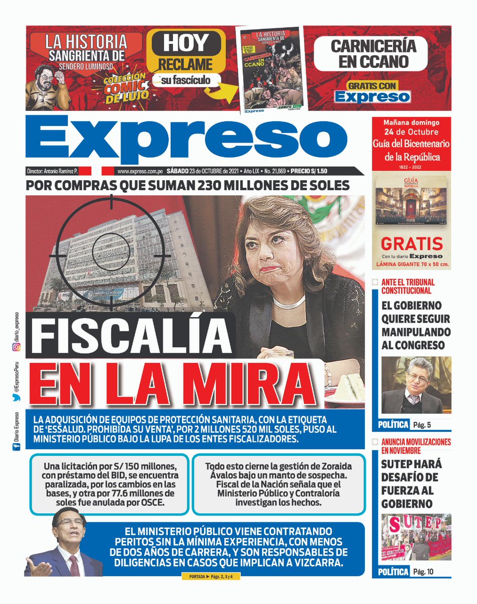 ExpresoPeru's tweet photo. 🗞 ¡Aquí la portada del Diario Expreso para este sábado 23 de octubre de 2021!
📲 Visita nuestra web: https://t.co/fjIxdl8o4O https://t.co/Z61hqBiRgz