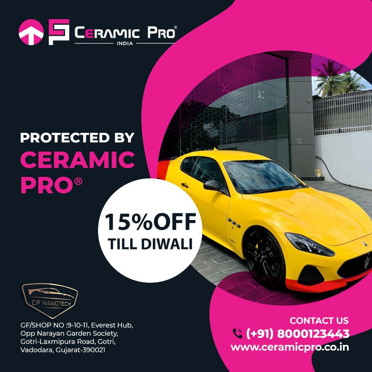 ErChintanPandya's tweet photo. 15% Off Till Diwali. Don's miss the chance. 

 Ceramic Pro® Vadodara
🙋GF/Shop No: 9-11 Everest Hub, Opp. Narayan Garden,
Gotri - Laxmipura Rd, Vadodara, Gujarat 390021

📞 +91 8000123443.

#diwalioffers #carceramiccoating #ceramicpro9h #caramicpro #ceramiccoating #diwalidiscount https://t.co/q7YlRIwVFq