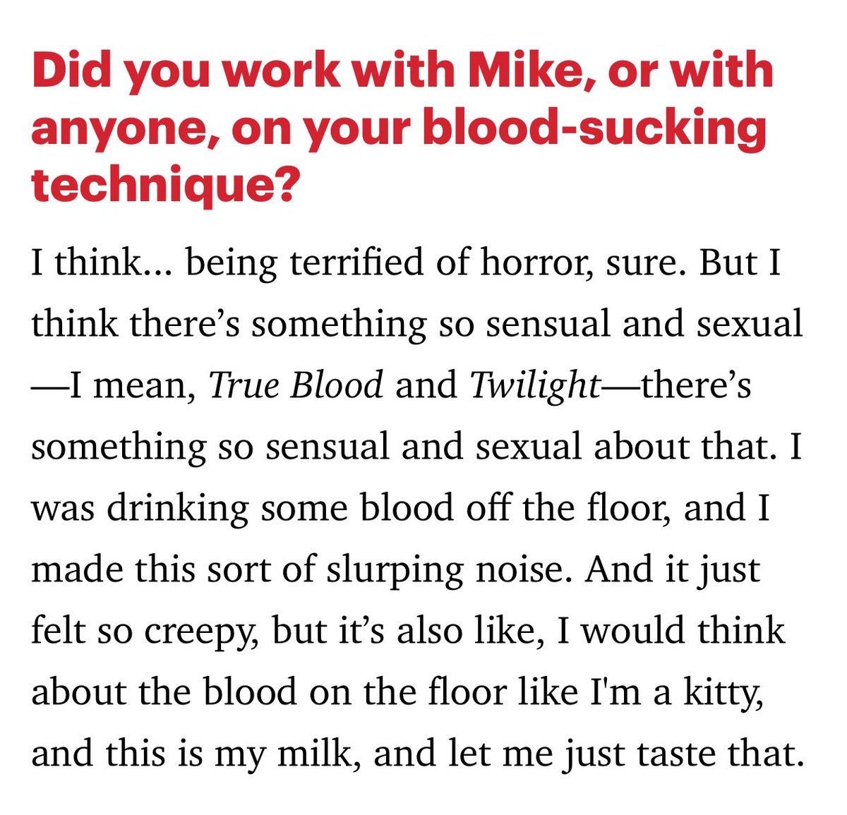 notHAMMY_CHIMES's tweet photo. Never going to recover from Midnight Mass nor this interview where Hamish Linklater describes slurping blood up like a kitten https://t.co/7LiZaOTZRC