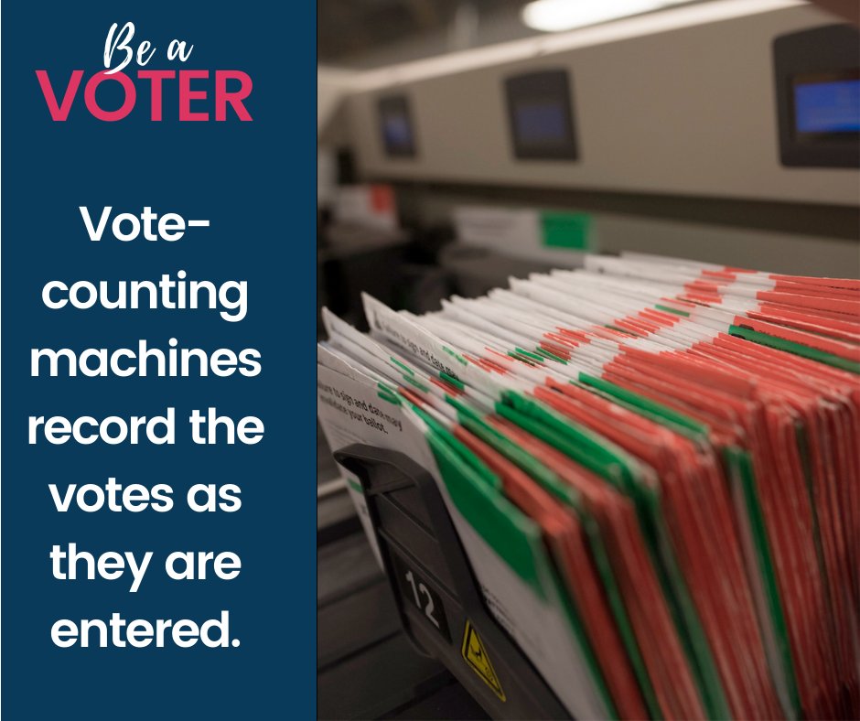 LWVWA's tweet photo. Machines record the votes as they are entered.  To ensure votes are counted accurately, premade test decks of ballots are used.

Vote-tabulating machines record all votes as they appear on each cast ballot. #WAVotingFacts

photo credit:@kcelections https://t.co/fpkPndRg2X