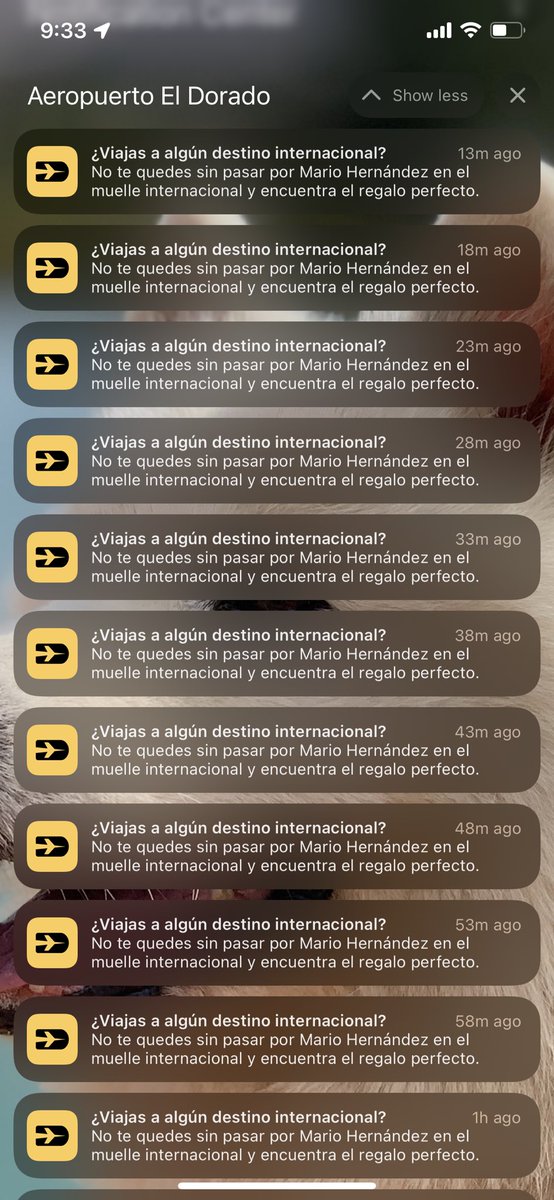 ncoba's tweet photo. Señores @BOG_ELDORADO revisen su App ElDorado (en iOS) porque están enviando sin control Push Notifications con pauta de @marioherzam cada 5 minutos desde hoy en la tarde; ya las apagué pero es un error en su sistema. Gracias. https://t.co/9xW0Wc5rj2