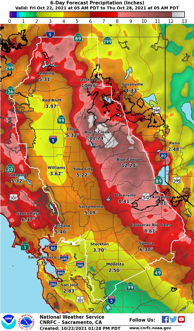 ButteWxSpotter's tweet photo. .@NWSCNRFC 6 day precipitation forecast for Sac area.... #CampFire, #NorthComplex & #DixieFire burn scars going to get soaked #ButteCo https://t.co/k1FDImwWci