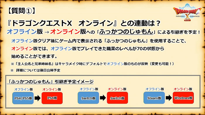 ドラクエ10攻略の虎 ドラクエ10オフライン オンライン版との連携 オフライン版からオンライン版への ふっかつのじゅもん による引継ぎを予定 いくつかの職業が70の状態から始めることができる キャラ名はオフライン版のものが反映されるが変更