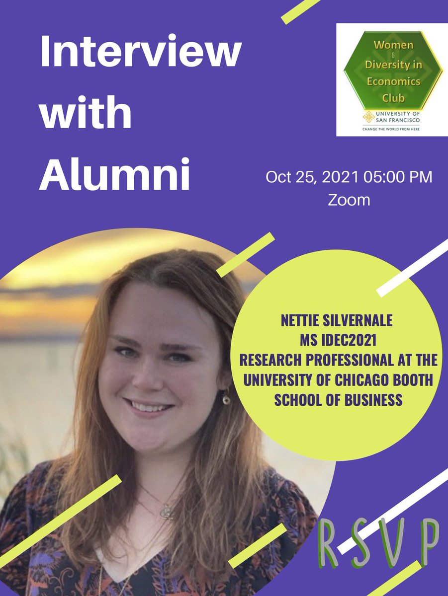 WDEusfca's tweet photo. ‘Interview with Alumni’ 

Speaker: Nettie Silvernale, MS IDEC’21 and Research Professional at The University of Chicago Booth School of Business. 

Learn more about career opportunities in research. 

5pm (PT) on Monday, October 25th via Zoom 

RSVP: https://t.co/jwk0tw2p46 https://t.co/PrYcww9MS1