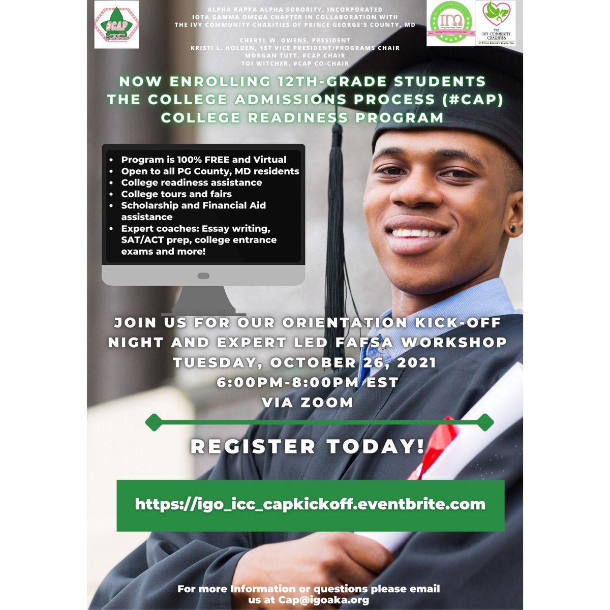 IGOAKAs's tweet photo. Iota Gamma Omega Chapter in collaboration with the Ivy Community Charities of Prince George’s County, Inc. will host our annual kick-off orientation and interactive FAFSA workshop for students and parents on Tuesday, October 26, 20 21 from 6:00pm-8:00pm. https://t.co/7oAa42E3Ys