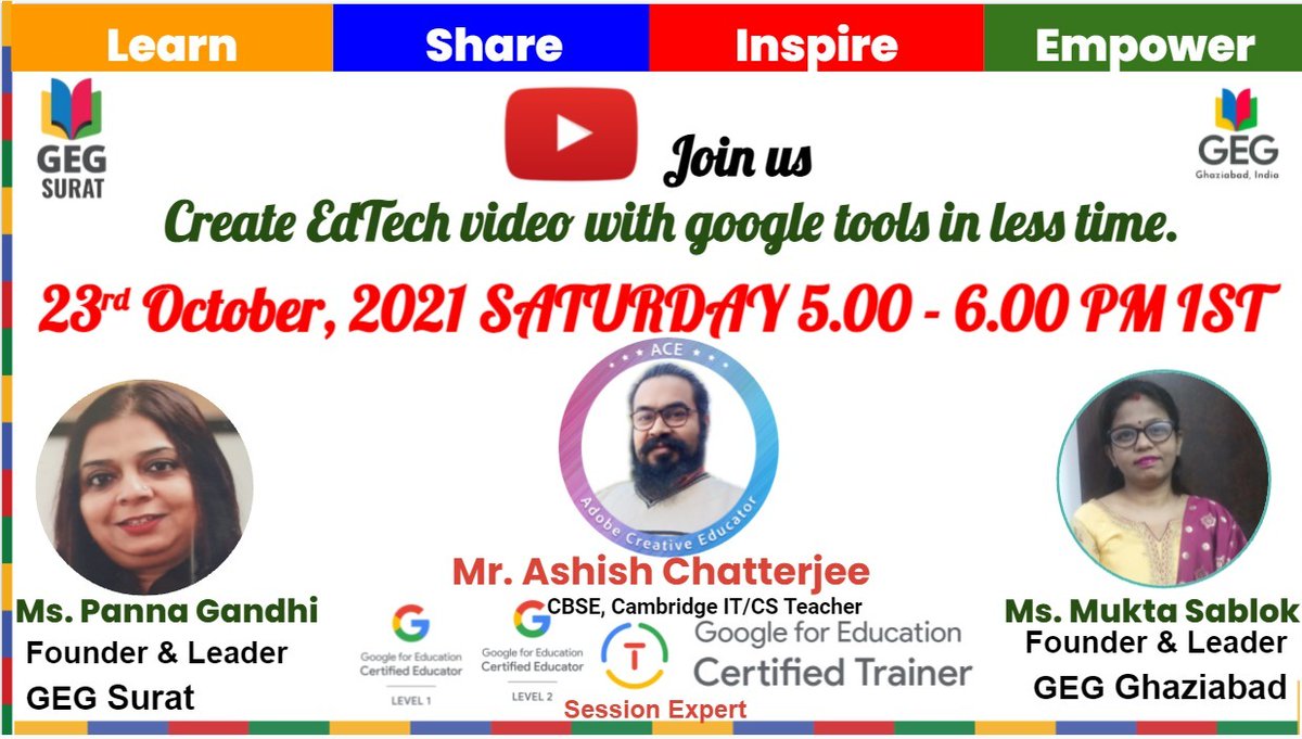 <a href="/GEG_Ghaziabad/">GEG Ghaziabad</a> @GEGSurat <a href="/MSablok/">Mukta Sablok</a>           
📋Topic : Create an EdTech Video using Google Tools in Less Time.

Join us Live on Youtube youtube.com/watch?v=-fFEkK…