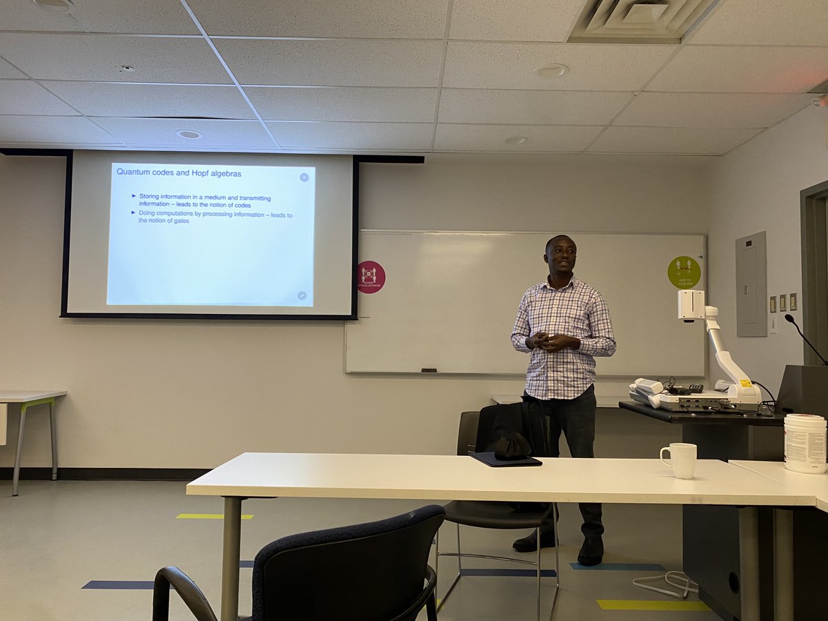 bcsanders's tweet photo. First in-person #quantum seminar in @iqstucalgary  &amp; @quantumalberta: Prince Osei of @AIMS_Next on "Semidual Kitaev lattice model &amp; #tensornetwork representation". Thrilling to be back in the saddle once again. https://t.co/Ec8IsLfyjq