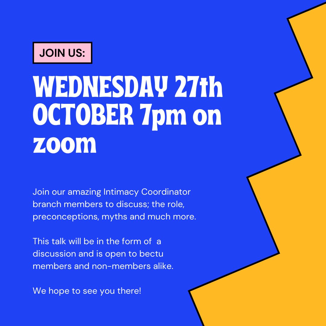 **27th OCTOBER - 7PM**
Join the Intimacy Coordinator’s branch in our first Round Table discussion, which will be hosted by <a href="/YaritDor/">Yarit Dor</a> and discuss the role, preconceptions, myths and more. #IntimacyCoordinators 
For tickets follow: ow.ly/IWx550GwzzT