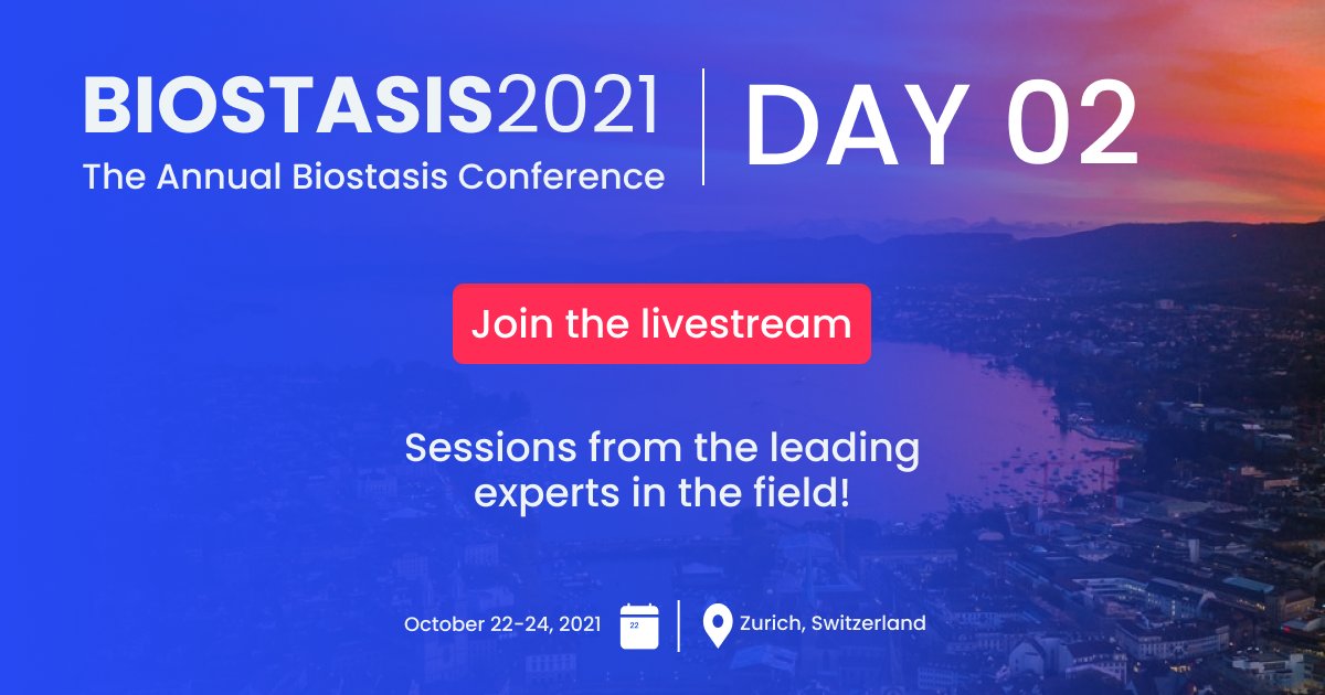 tomorrowbio's tweet photo. Day 2 of the #BIOSTASIS2021 Conference has started! Today we will hear from @dw2 , @jpsenescence, Aschwin de Wolf, @emilkendziorra, and many more! Sign up through the link to get exclusive access to the livestream. 

What are you waiting for? Join now!
https://t.co/LVpDUUqauV https://t.co/ZPMRuoomYJ