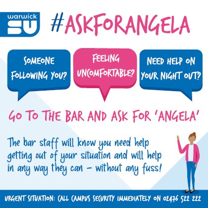The Scottish Hospitality Group (@scothospgroup) on Twitter photo In light of the recent media coverage of “spiking”, SHG would call for <a href="/scotgov/">Scottish Government</a> and <a href="/PoliceScotland/">Police Scotland</a> to support, help train and promote the #askforangela system
If you feel unsafe when you are in a bar/club, go to the bar and ask for Angela. Staff will help you In light of the recent media coverage of “spiking”, SHG would call for <a href="/scotgov/">Scottish Government</a> and <a href="/PoliceScotland/">Police Scotland</a> to support, help train and promote the #askforangela system
If you feel unsafe when you are in a bar/club, go to the bar and ask for Angela. Staff will help you