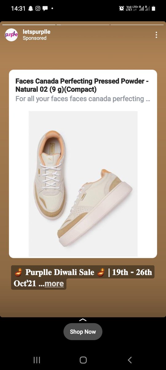 ModiAneesha's tweet photo. @letspurplle has reached new highest of advertising!! They showing me ads of cosmetics brand @facescanada with an image of a pair of @PUMA shoes. 
You need to talk to your social media marketers for wasting your money like this 😂😂 https://t.co/TOSshg2kj1