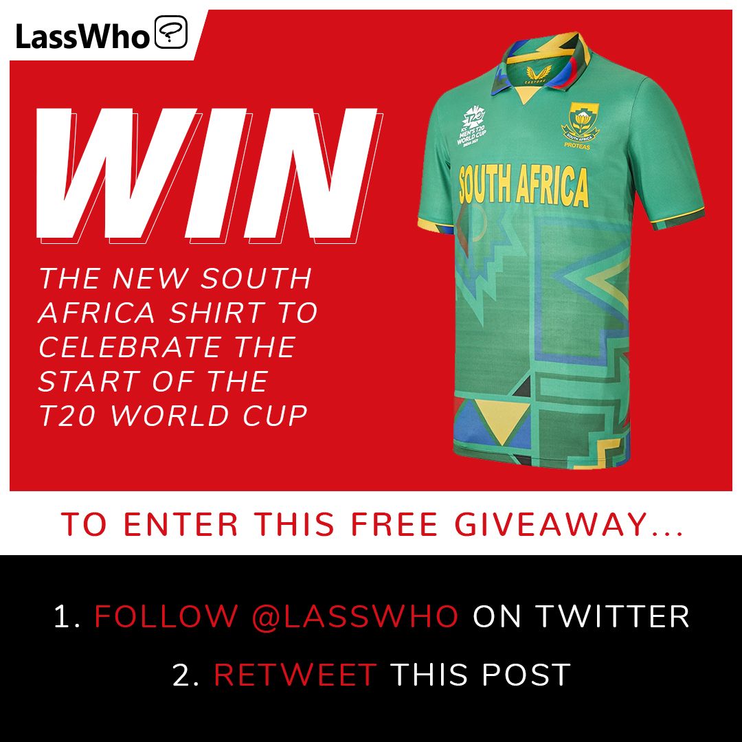WIN A SOUTH AFRICA T20 WORLD CUP SHIRT! 🎉🇿🇦

To enter this free giveaway:
1️⃣ Follow us <a href="/LassWho/">LassWho</a>
2️⃣ Retweet this post

Winner announced Wednesday 27th October 🎁

Good luck! 👕🏏

#LassWho #CricketTwitter #T20WorldCup #SouthAfrica