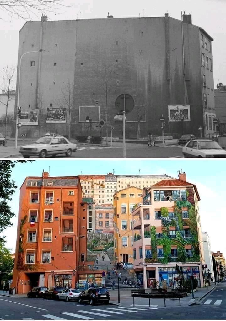 StreetArtUtopia's tweet photo. The wall of a building in Lyon, France, before and after it was painted https://t.co/1Py2TZlvTw