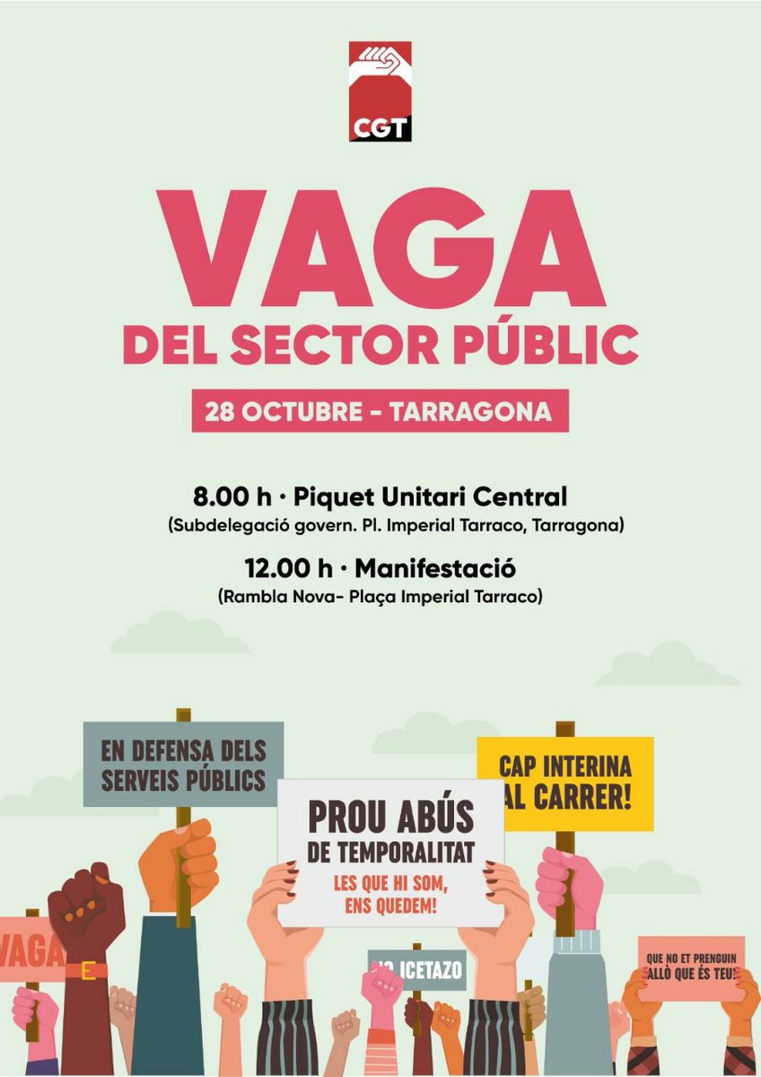 CGTCatalunya's tweet photo. 📢 VAGA 28 OCTUBRE 🔴⚫
Per l'estabilització del personal interí! 

Fil amb les mobilitzacions previstes arreu del territori 👇👇

#Tarragona
📌A les 8.00 Piquet Unitari
📌A les 12:00 Manifestació
#LesQueHiSomEnsQuedem 
#VagaSectorPúblic28Oct https://t.co/YvfgqxhdT3