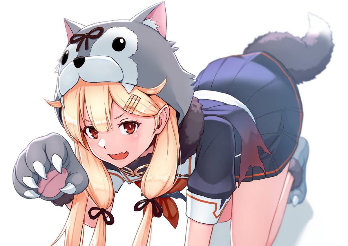 yuudachi (kancolle) ,yuudachi kai ni (kancolle) 1girl blonde hair solo long hair red eyes school uniform animal hands  illustration images