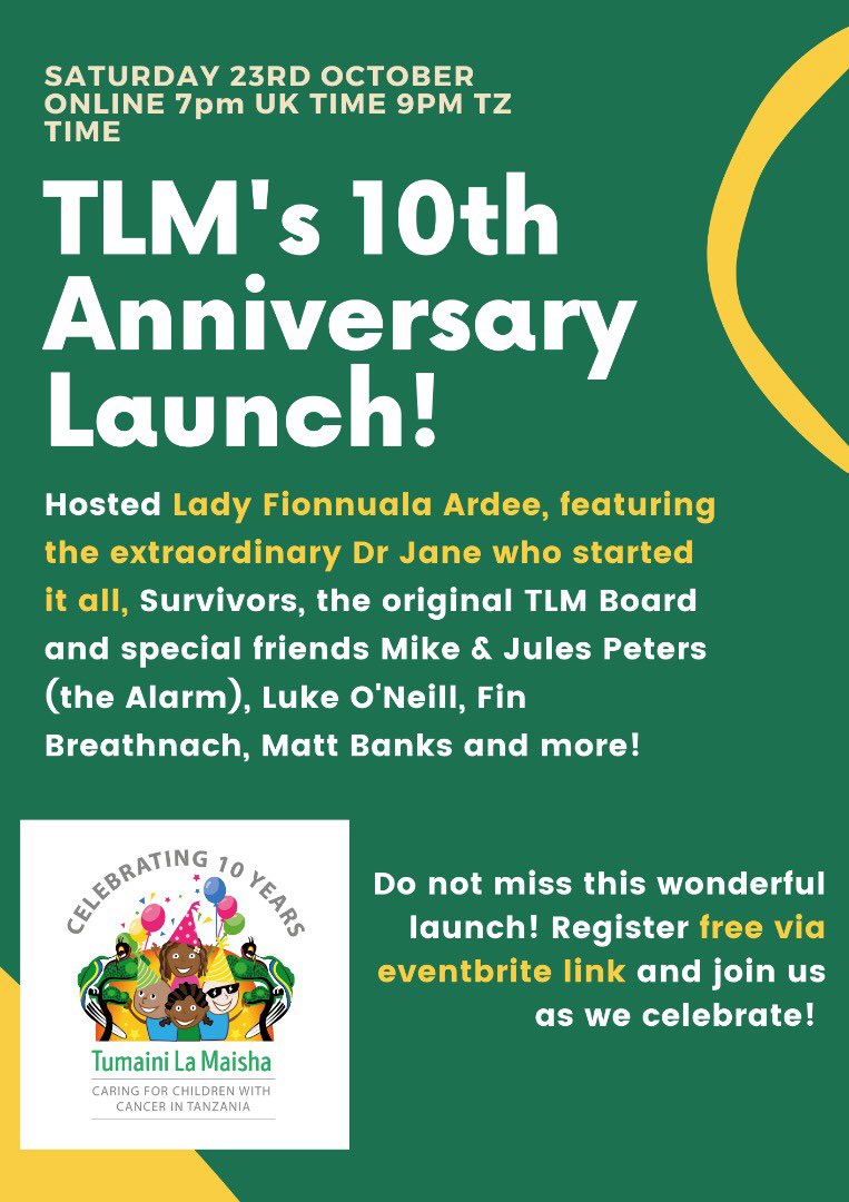 Tonight from 7pm 🇮🇪 9pm 🇹🇿 we are launching our 10 year anniversary celebrations with the help of some very special friends!! 

Register here eventbrite.com/e/tlms-10-year…