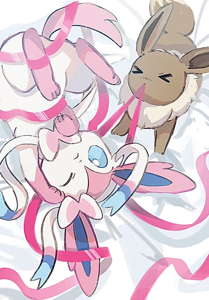 eevee ,sylveon pokemon (creature) no humans > < closed eyes one eye closed closed mouth blue eyes  illustration images