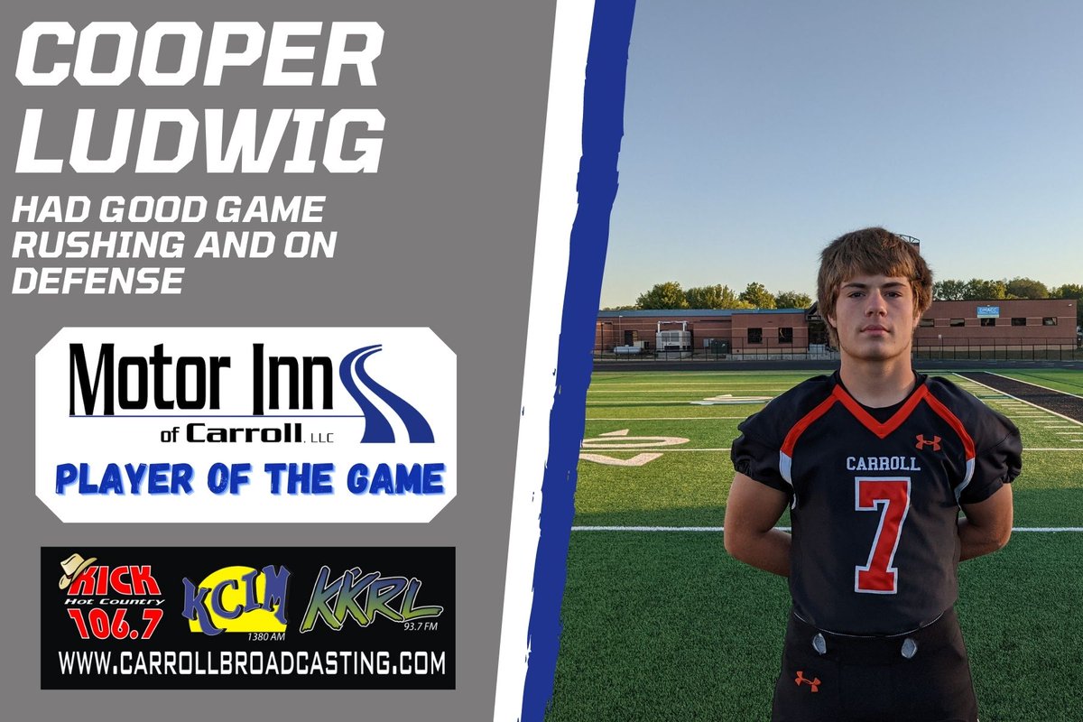 huskerblankman's tweet photo. Congratulations to Cooper Ludwig of Carroll on being named Motor Inn Player of the Game Vs Sergeant Bluff-Luton on Friday, October 22nd. Tigers lost 41-6 and end the season at 5-4. 
@TigerVisionCHS @LudwigRylee @CarrollHighFB @TheTylerBrunner @NickBrincks https://t.co/kfQJBnDYIH