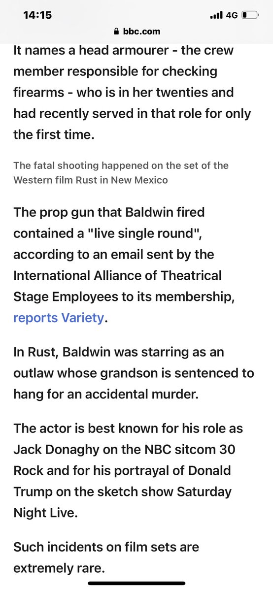 7thclouds's tweet photo. @BBCNews “Live round”means”live bullet”, not blank.>
“BBC: The unnamed director did not know the prop contained live ammunition” “The prop gun that Baldwin fired contained a "live single round"(Variety)”
BBC:https://t.co/TtXY0A2jPY
BBC:#propgun, #blank, #liveround:
https://t.co/uT2Jl4uaTw https://t.co/hbaQHXAaUF