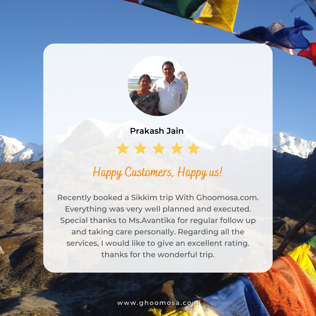 ghoomosa's tweet photo. We would like to extend our heartfelt #gratitude to Mr. Prakash Jain for his valuable #feedback on @ghoomosa's service 😇

#ghoomosa #sikkimtrip #sikkim #sikkimtourism #Tourism #travelling #happycustomers #reviews https://t.co/L5eKsljDza