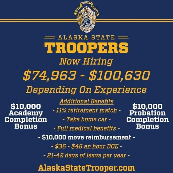 fortblissspouse's tweet photo. Via @ak_trooper 
There’s never been a better time to join the Alaska State Troopers. Both new and lateral hire State Troopers and Wildlife Troopers are eligible for up to $20,000 in hiring bonuses. Start your adventure today. 
Take the first step online at https://t.co/Py4yzoSZ7g https://t.co/uny0Vg2Yzc