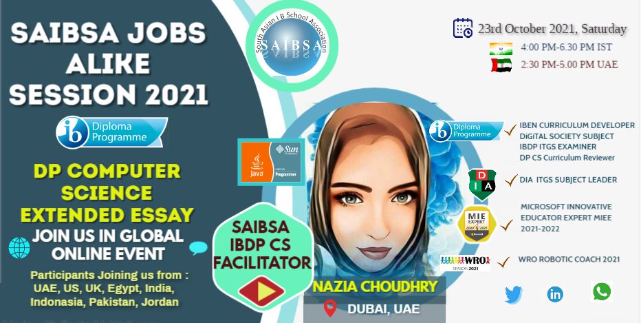 Excited to facilitate more than 80 CS Teachers SAIBSA global Jobs Alike Event for DP Computer Science Extended Essay session on Saturday, 23rd October 2021. Help*Inspire*Grow
<a href="/SAIBSA1/">SAIBSA</a> <a href="/IB_Examiners/">IB_Examiners</a> <a href="/IB_DP/">IB Diploma Programme</a> <a href="/iborganization/">International Baccalaureate</a> <a href="/TeacherAwardsIE/">Teacher of the Year</a> <a href="/UAE/">@UAE</a> <a href="/ComputerScience/">Computer Science 💻</a> <a href="/kaisardp/">Kaisar Dopaishi</a>