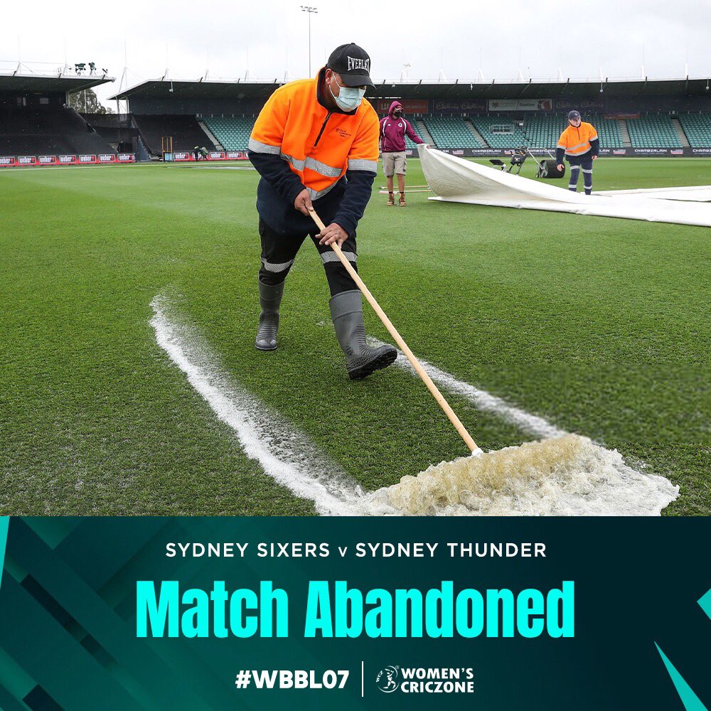 WomensCricZone's tweet photo. The Sydney Thunder and Sydney Sixers clash has been abandoned due to bad weather.
#WBBL07 #STvSS https://t.co/vvqA5hZIz2