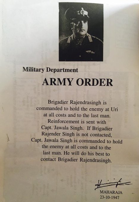 RadioChinar's tweet photo. A message from the Maharaja was received by Brig Rajinder Singh that read “Brig Singh is commanded to hold the enemy at Uri at all costs &amp; to the last man"
#BlackDayForKashmir 
#PakButchersofKashmir
#SavioursofKashmir47
#BudgamLanding 
@ajitsinghpundir
@MayorofS 
@majorgauravarya https://t.co/FSN4g1QYZX
