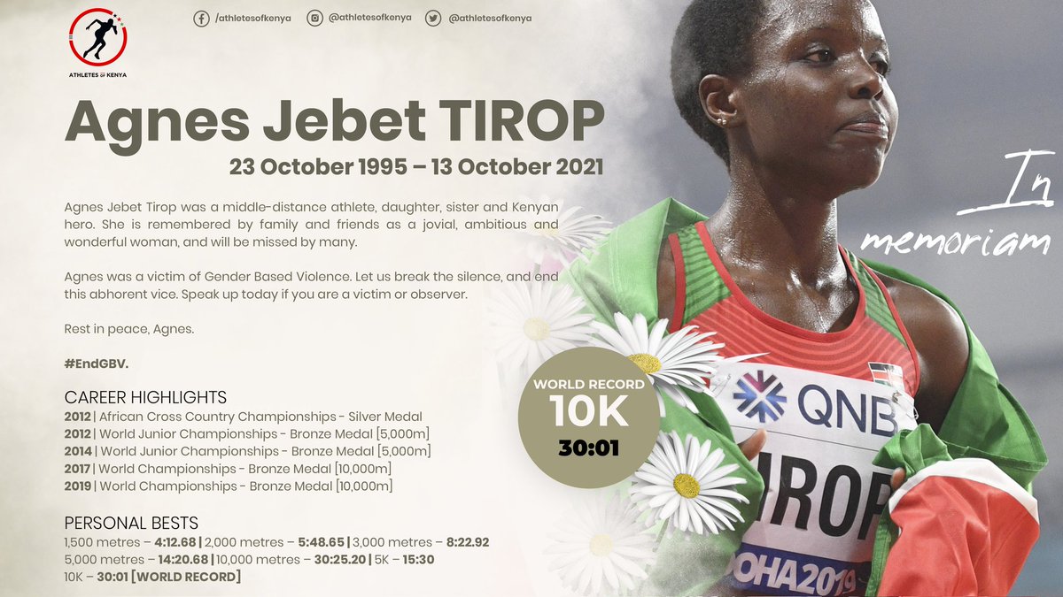 Today, we lay to rest our hero, Agnes Jebet Tirop. Agnes was a 10K road race World Record Holder, a daughter, a sibling, and a friend.  

We will miss you, #AgnesTirop.