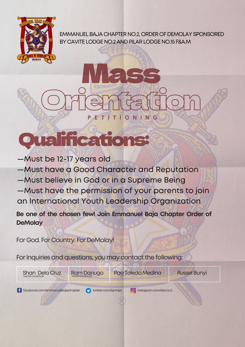 bjnmlpt's tweet photo. Emmanuel Baja Chapter is formally inviting you to be part of our Order.

Orientation will start tomorrow, October 24, 2021 (Sunday) at 7:00 PM Via Google Meet

Be one of the chosen few! Join Emmanuel Baja Chapter No.2, Order of DeMolay

For God. For Country. For DeMolay! https://t.co/1xcRiWx92c