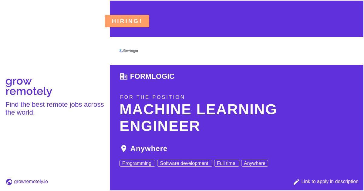 growremotelyio's tweet image. Check out this job at Formlogic for the position Machine Learning Engineer.
Apply link: growremotely.io/?id=61735bfe4a…
#hiring #remotejobs #Formlogic #Programming