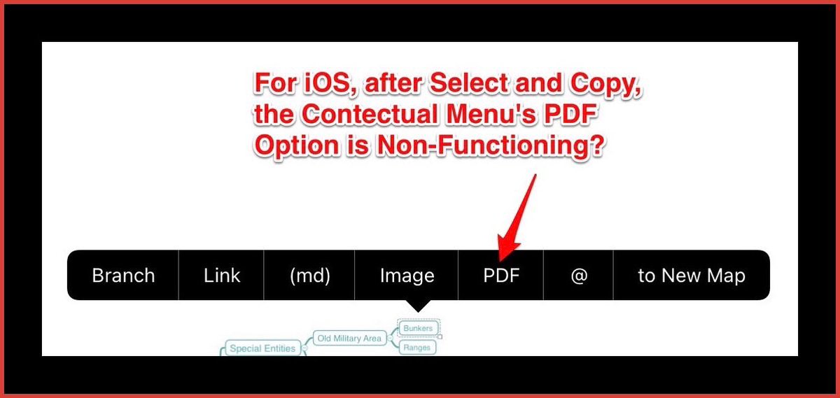 AlecBreton's tweet photo. @toketaWare For iOS, after a Select and Copy for only a section of a bigger mind map [but not the entire mind map file], is the PDF option non-functional? Meaning, after selecting for a PDF, I can’t find any way to actually turn it into a PDF that I can use somewhere else. https://t.co/PD1cSOv3Sr