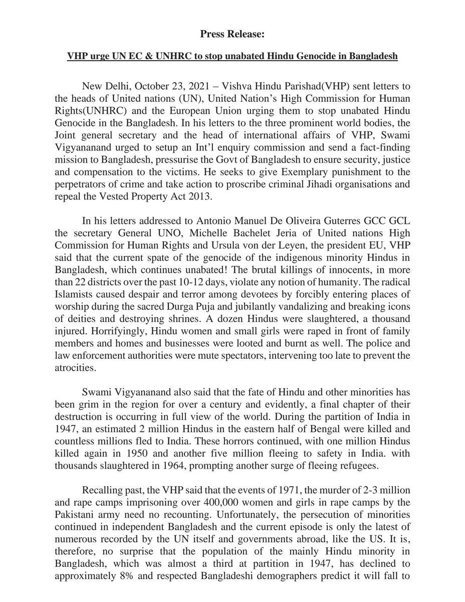 VHPDigital's tweet photo. Press Release : 
VHP urge @UN @EU_Commission &amp; @UNHumanRights to stop unabated Hindu Genocide in Bangladesh 
संयुक्त राष्ट्र, अंतर्राष्ट्रीय मानवाधिकार आयोग व युरोपियन आयोग को विहिप के पत्र, बांग्लादेश में लगे हिन्दू नरसंहार पर पूर्ण विराम https://t.co/VZw50af6yv