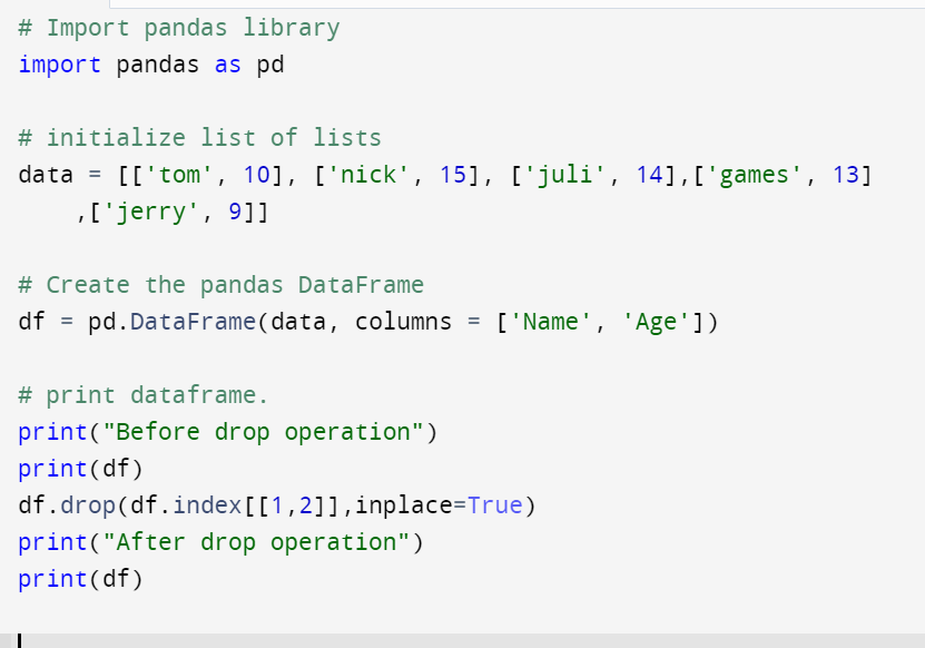 clcoding's tweet photo. How do you drop multiple rows in Python? #python #pythonprogram #pythoncoding #pythonprogramming #pythoncode #100daysofcode #machinelearning #deeplearning #aritficialintelligence #pythontricks #pythonforbeginners #pythonprojects #pythondeveloper #pythonmemes #py3 https://t.co/WjgUTRlmgx