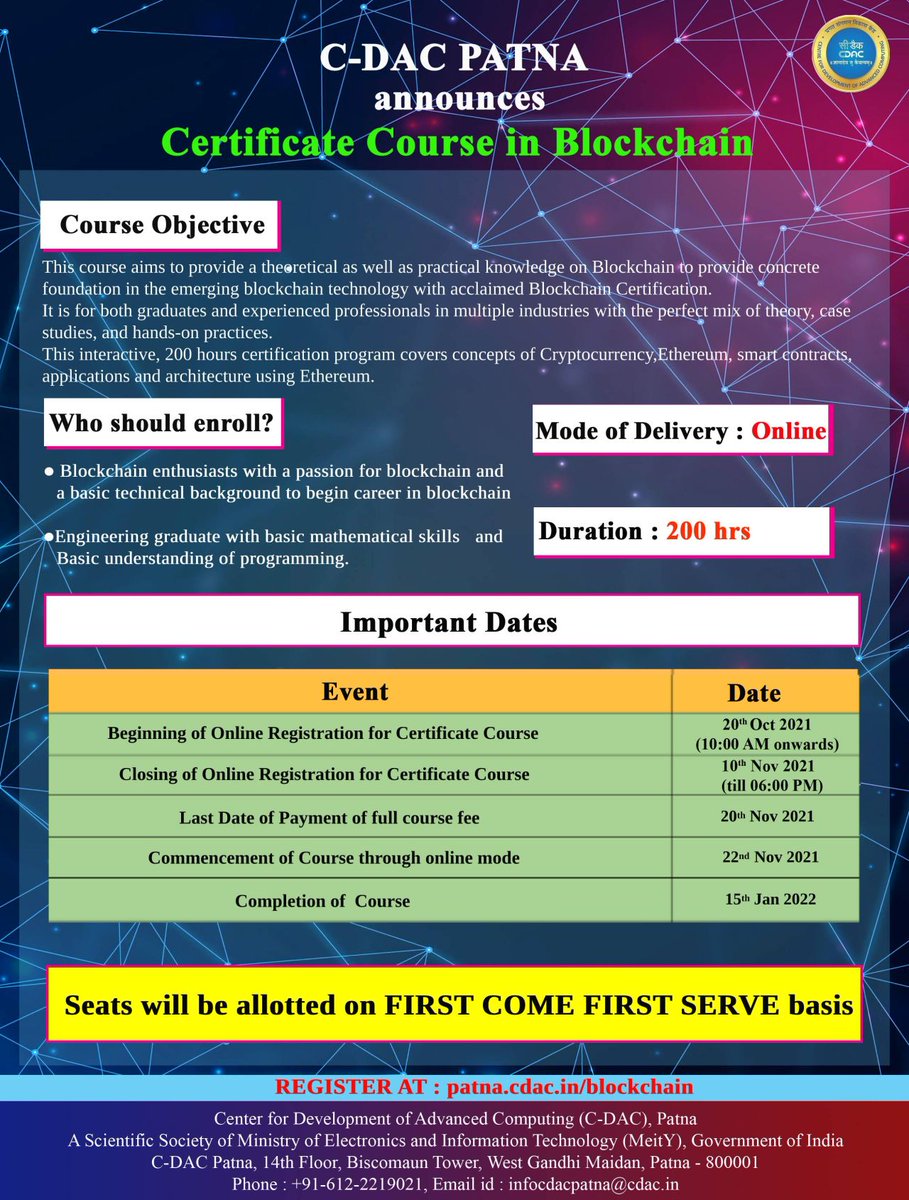 REGITSER YOURSELF for the Certificate Course in #Blockchain at  https://t.co/447KjWpCh9 This program covers concepts of Cryptocurrency,  Ethereum, smart contracts, applications and architecture using Ethereum  with the perfect mix of theory, case studies