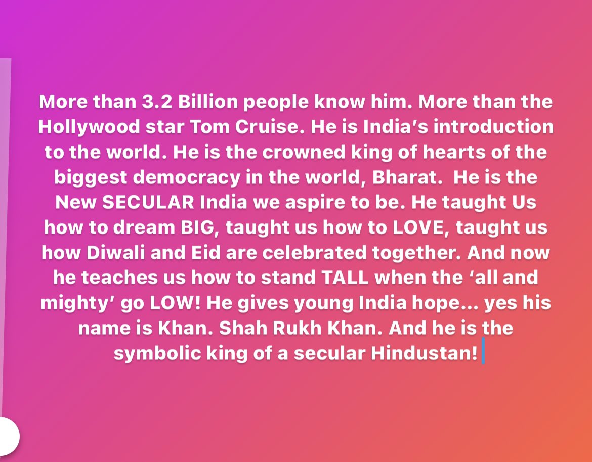He is not just a SUPERSTAR. But also an idea, a symbol of humara hindustan, the #NewIndia we aspire to be. This is my #ShahRukhKhan appreciation post!! ❤️RT and share the love for him!
