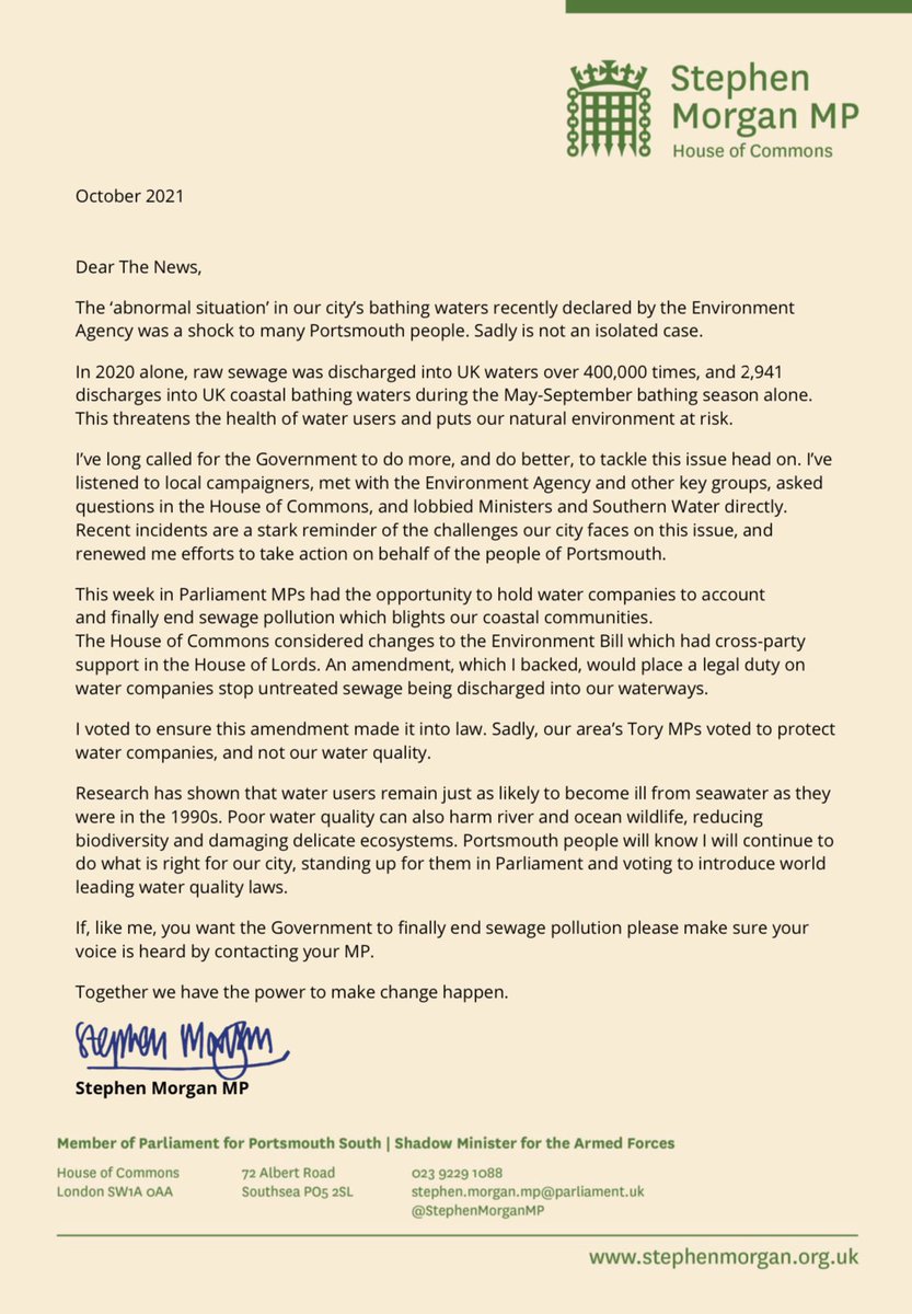 StephenMorganMP's tweet photo. This week local Tory MPs voted to protect water companies, not protect our water quality. Share my disappointment? Share this letter to @portsmouthnews #endsewagepollution👇🏻 https://t.co/FiT4pgtQNK