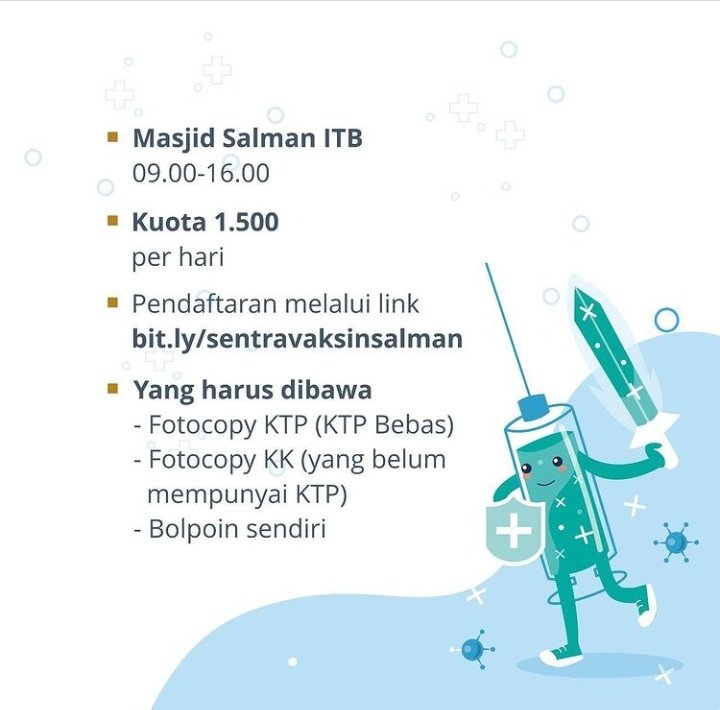 YPM Salman ITB bekerjasama dengan Dinas Kesehatan Kota Bandung &amp; didukung berbagai pihak menyelenggarakan Vaksinasi massal tahap pertama

Harap untuk mendaftar melalui link 👉👉👉 bit.ly/sentravaksinsa… 

📱: wa.me/6288299340355