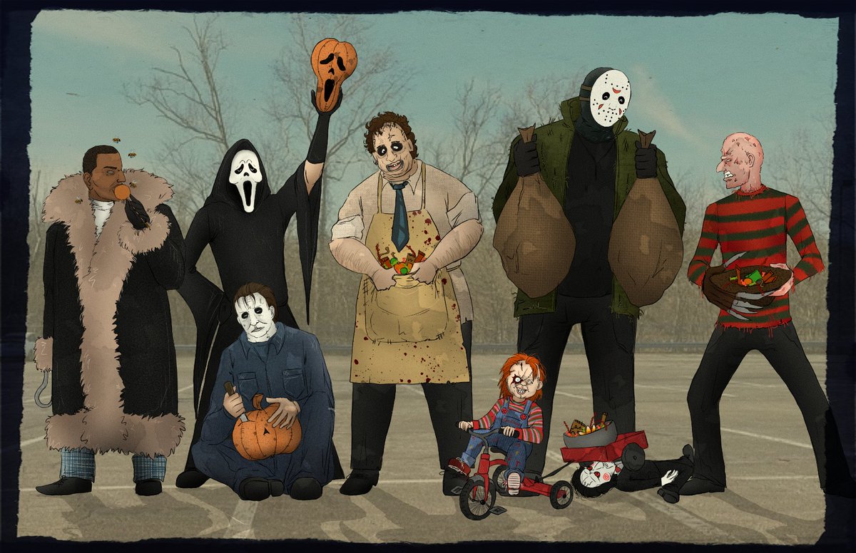 Trick or treating is serious business for them #HorrorMovies #slasher  #horror #horrorvillains #halloween2021 #halloween #fanart #horrorfanart  #chucky #MichaelMyers #JasonVoorhees #leatherface #Ghostface #candyman  #FreddyKrueger, image size:1200x776